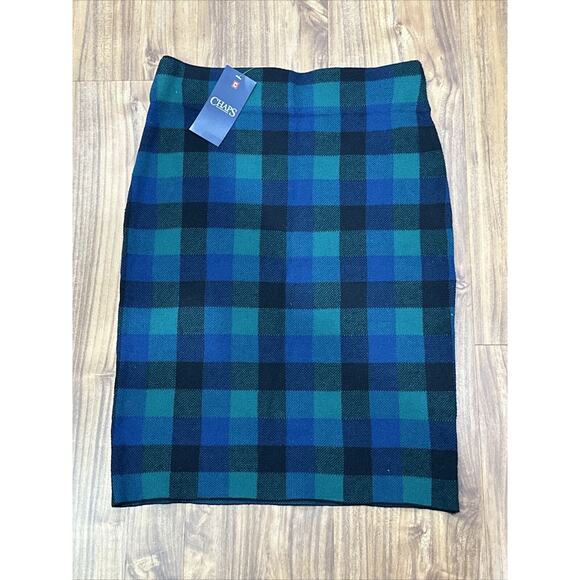 Chaps Green Blue Tartan Plaid Knit Pencil Straight Skirt Size Large New w/Tags - Picture 1 of 4